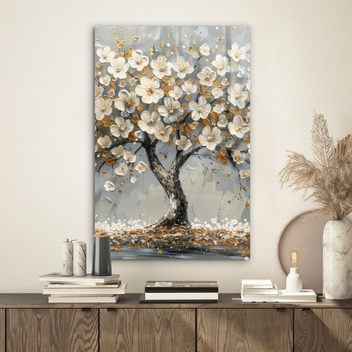 ACRYLGLASBILD Baum - Blumen - Weiß - Natur - Kunst 40x60 cm - Weiß, Glas (40/60cm) - MuchoWow