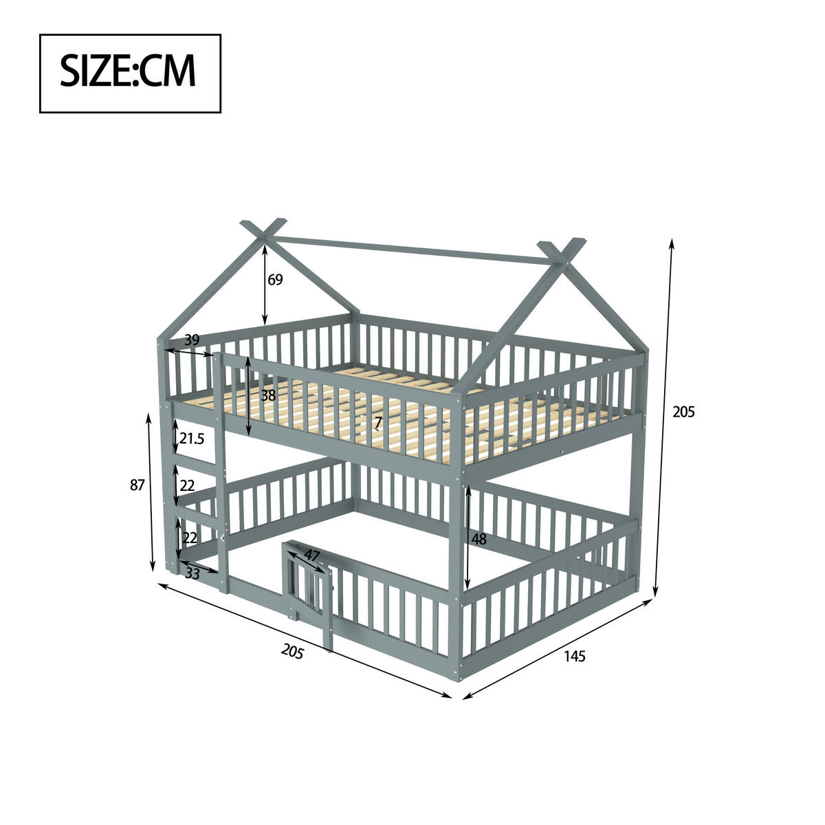 ETAGENBETT 140/200 cm Grau Massivholz mit Treppe und Hochsicherheitzaund - Grau, Holz (140/200cm) - OKWISH