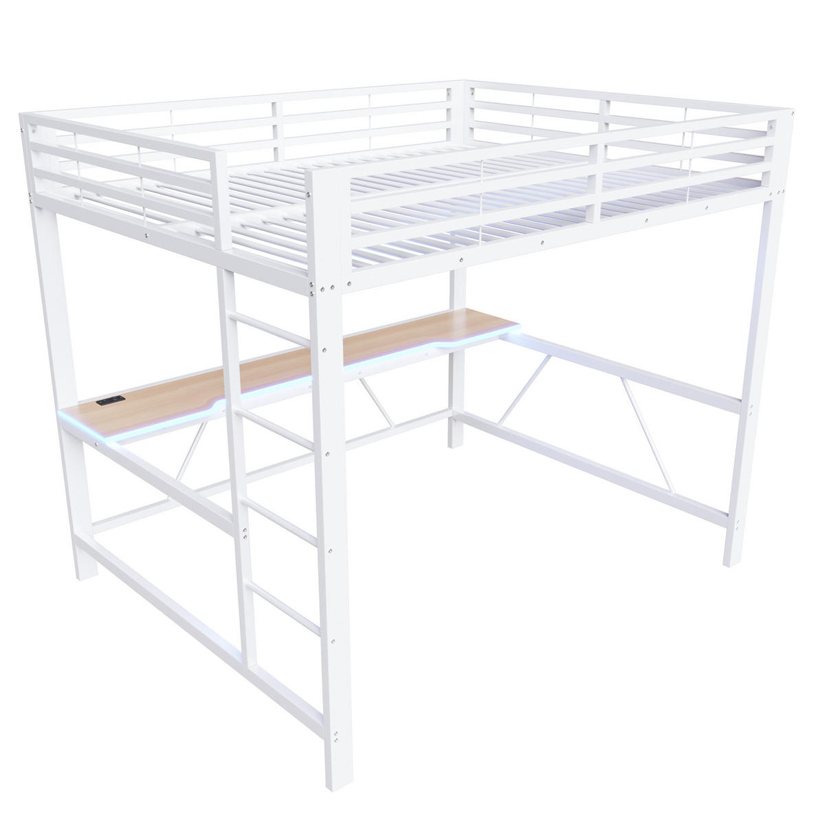 HOCHBETT 160/200 cm in Weiß mit LED, USB und Schreibtisch - Weiß, Metall (160/200cm) - CHICFURN