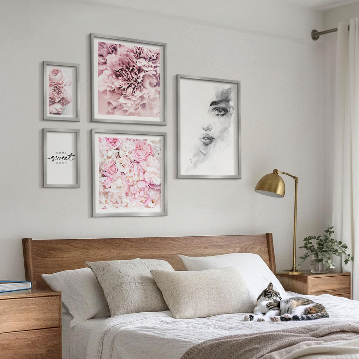BILDER SET 5er Set - 50x50 cm & 20x30 cm & 40x60 cm Silberner Rahmen - Pfingstrosenporträt einer Frau zu Hause - Silberfarben, Kunststoff (40/60cm) - TULUP
