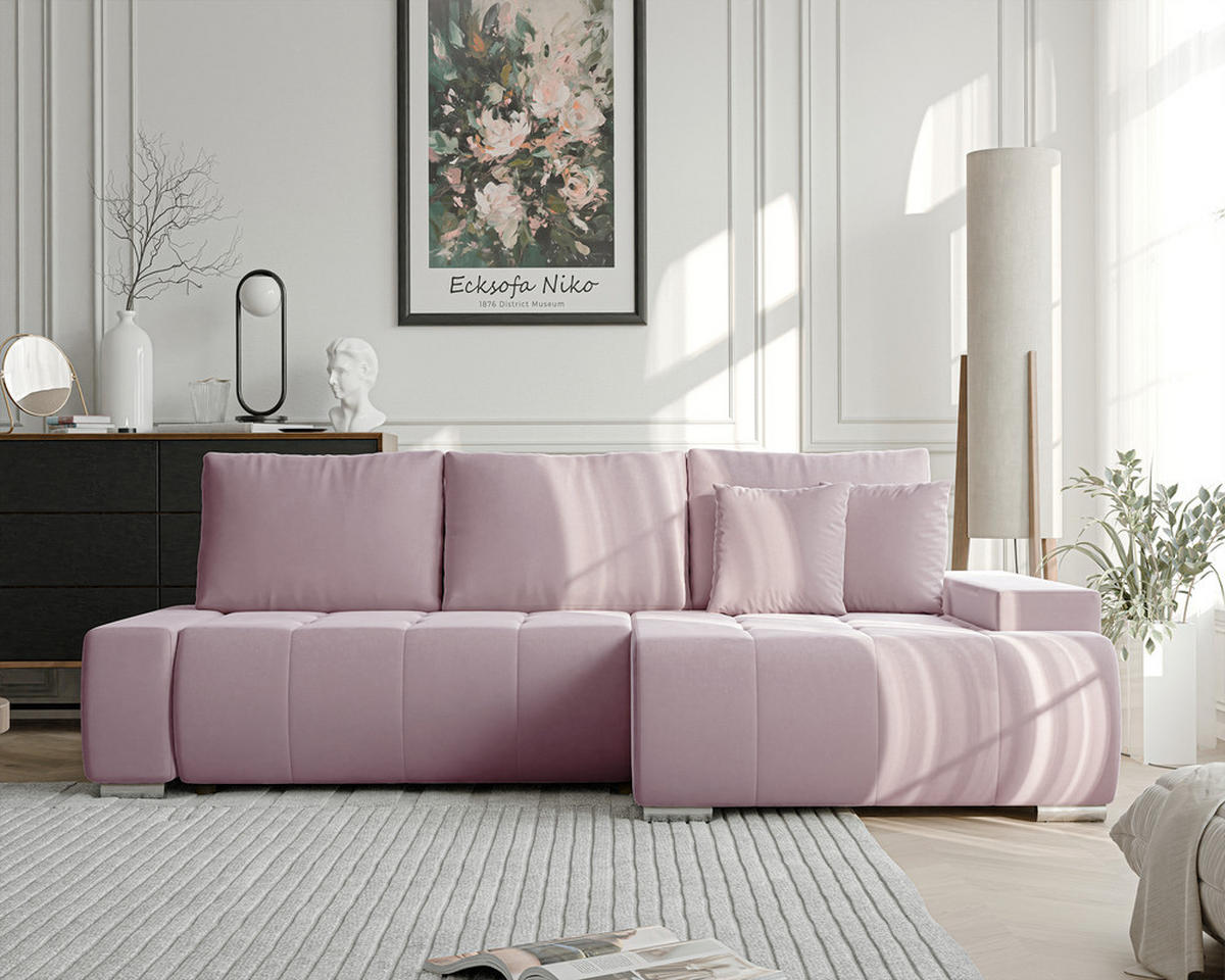 ECKSOFA NIKO Rechts, mit Schlaffunktion und Bettkasten, Rosa - Rosa, Textil (227/153cm) - Idohome