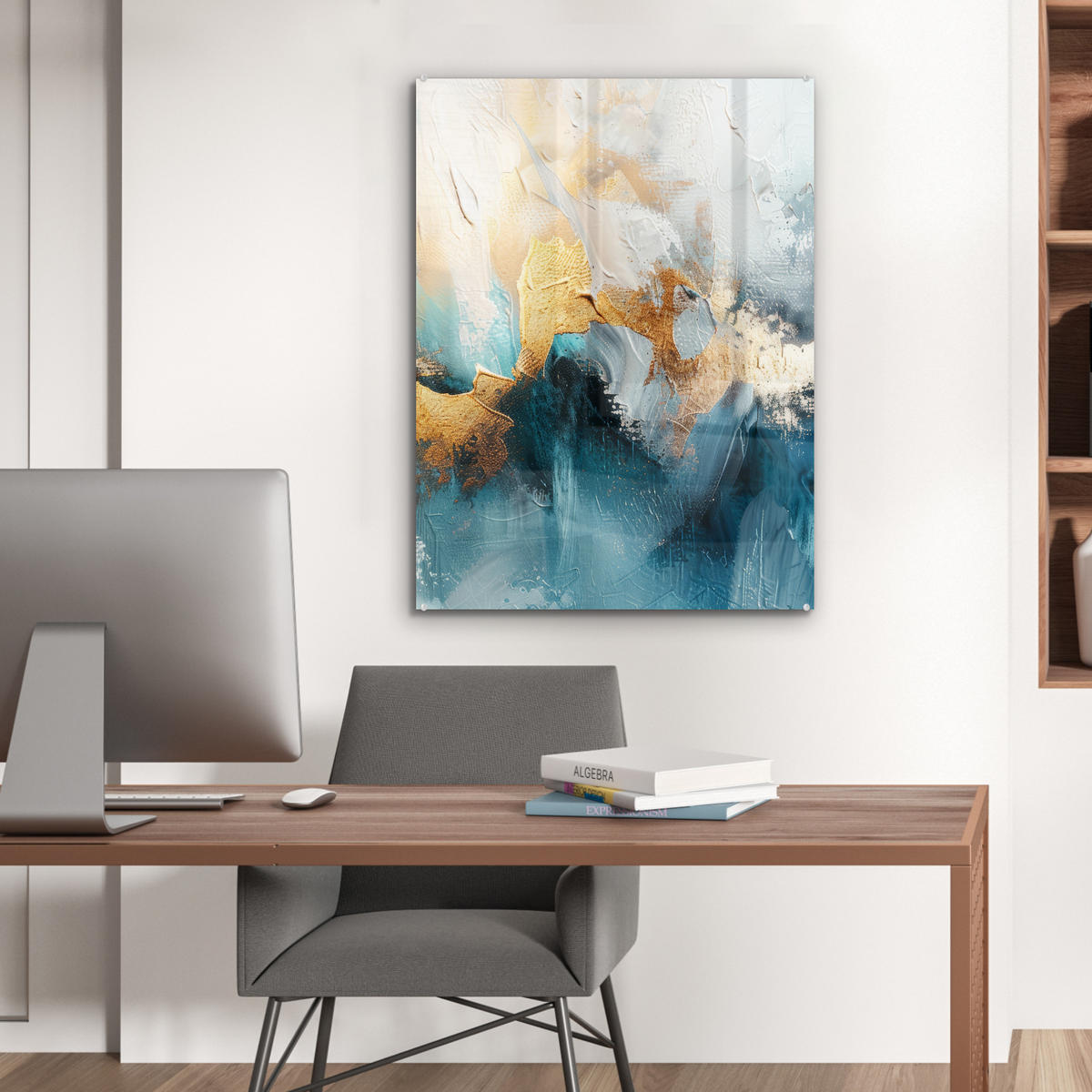 OBRAZ NA AKRYLOVOM SKLE Abstraktné - umenie - zlaté - modré 60x80 cm - petrolejová, sklo (60/80cm) - MuchoWow