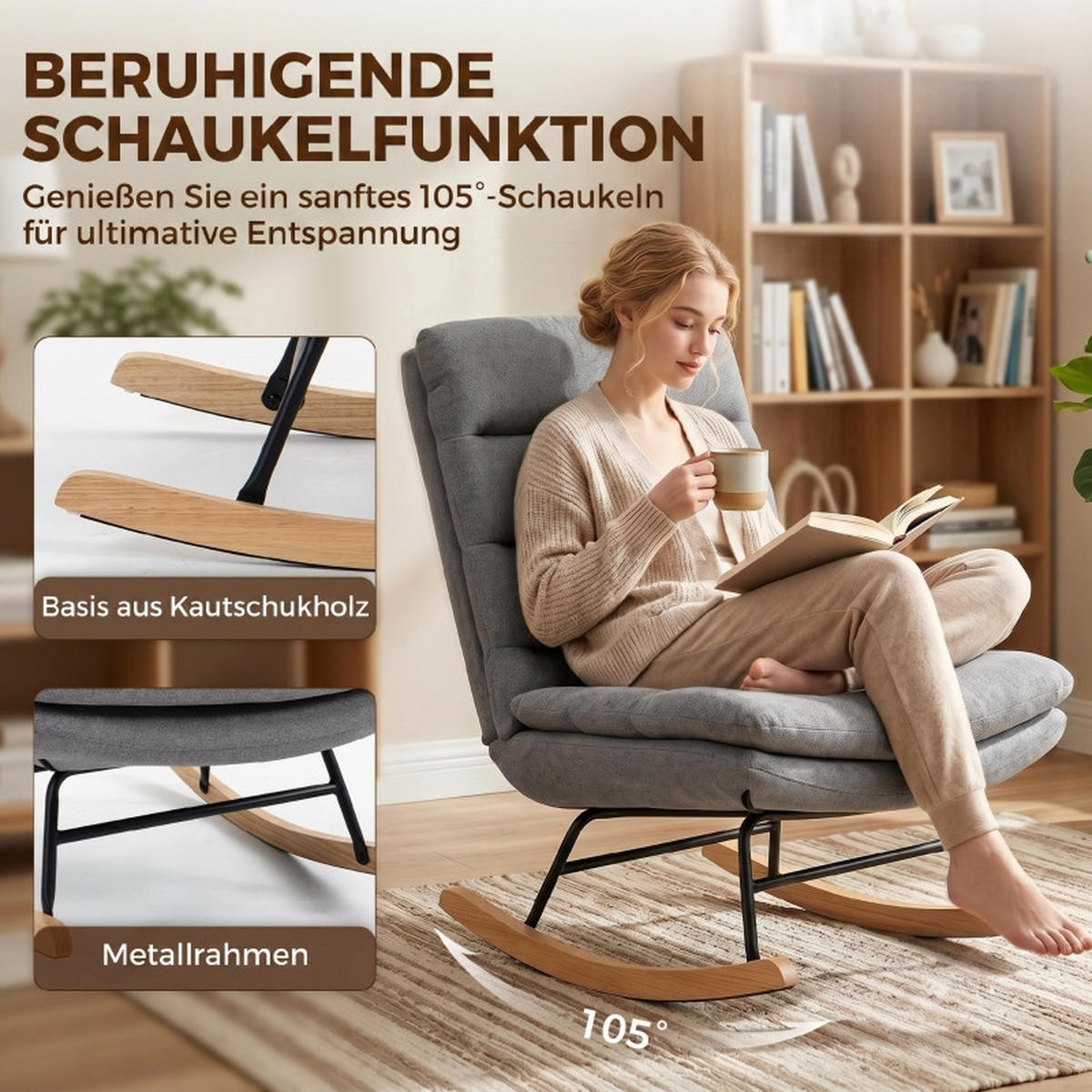 SCHAUKELSTUHL 92/72/102 cm Hellgrau Leinen mit Lendenkissen - Hellgrau, Textil (72/102/92cm) - Oxeza