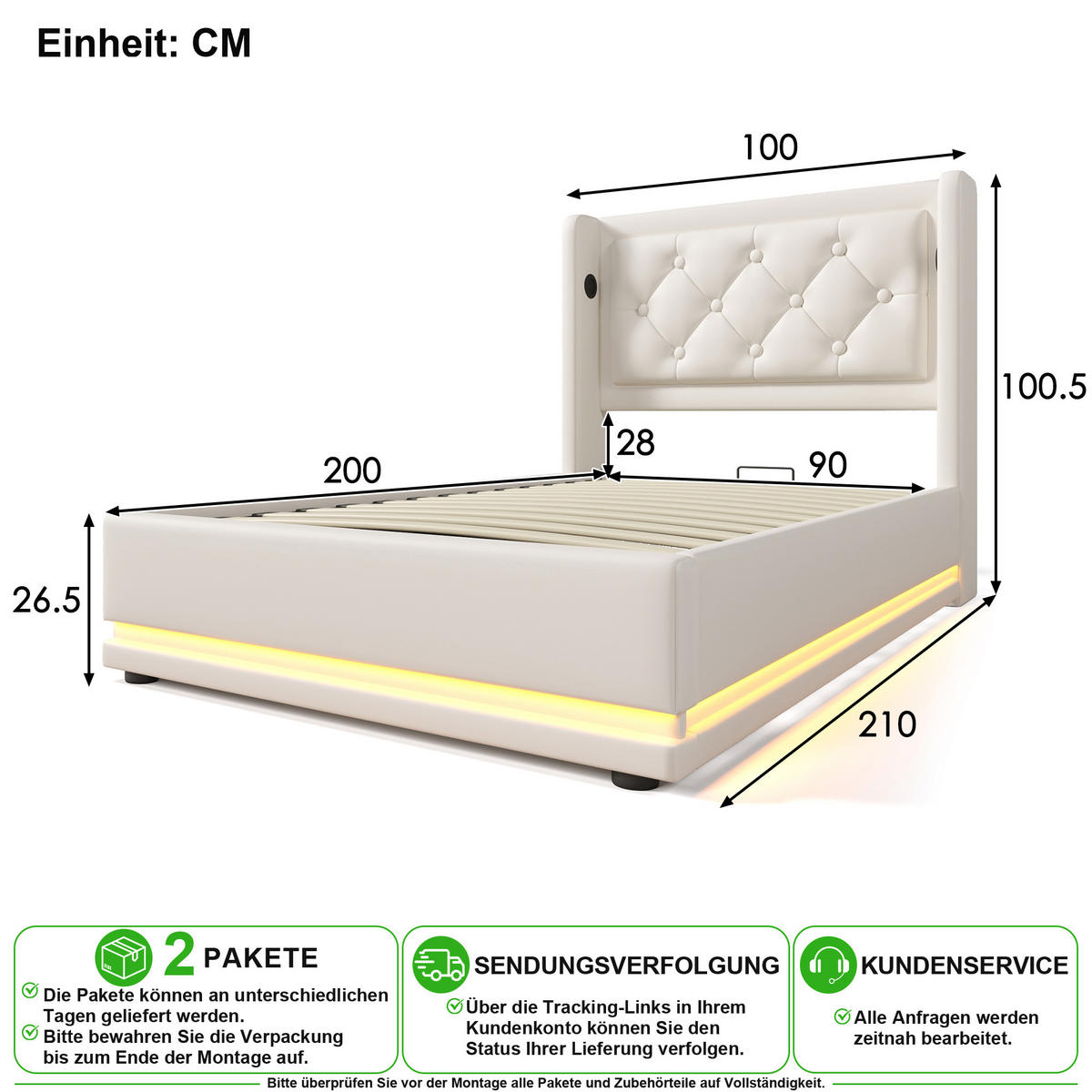 POLSTERBETT 90/200 cm in Weiß mit Bettkasten, LED und USB Type-C Kunstleder - Weiß, Holzwerkstoff/Textil (90/200cm) - CHICFURN