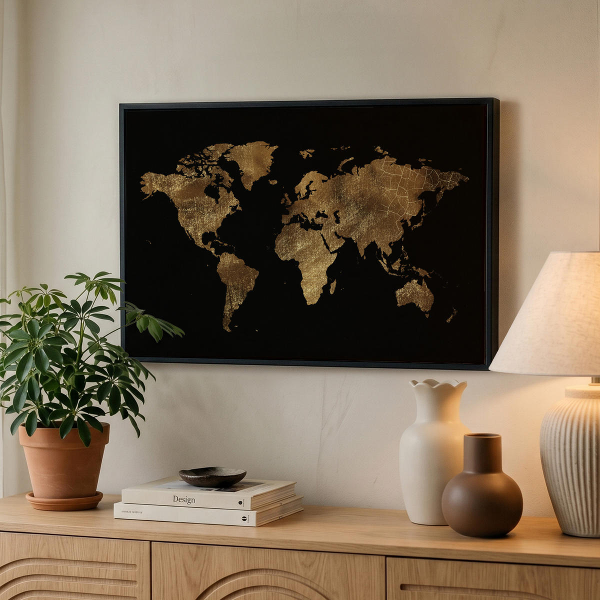LEINWAND Bilder mit Rahmen - Weltkarte - Gold - Luxus - Erde - Schwarz - 60x40 - Goldfarben, Textil (60/40cm) - MuchoWow