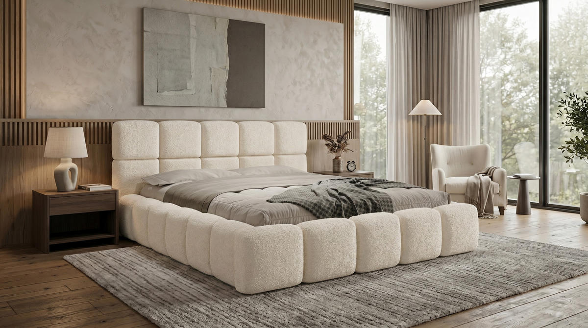 POLSTERBETT LOMBA 180x200 cm mit Bettkasten und Metall-Lattenrost – Bouclé Stoff Coral Creme - Creme, Textil (180/200cm) - Luxkor24