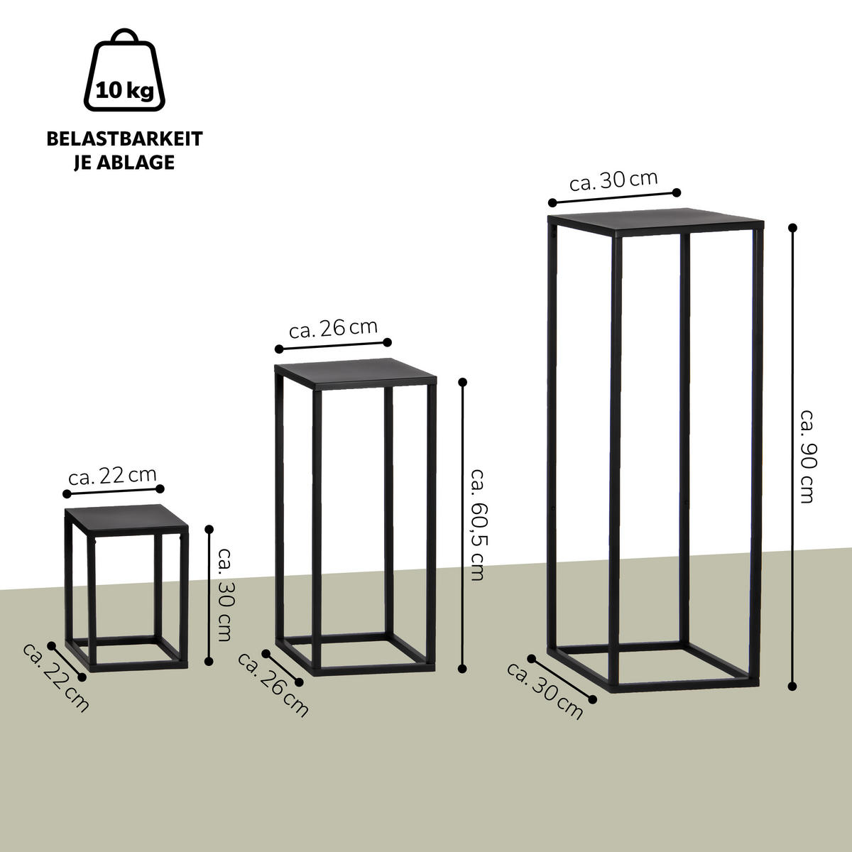 BLUMENHOCKER (3er Set), Metall, schwarz - Schwarz, Metall (30/30/90cm) - bremermann