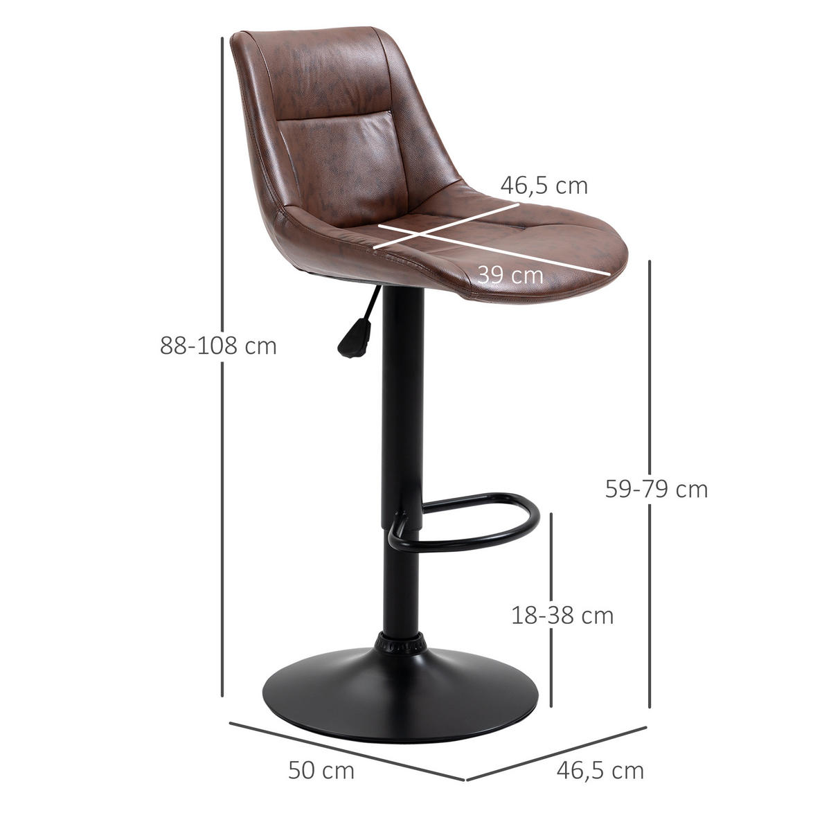 BARHOCKER, Kunstleder, Stahl, Braun - Braun, Kunststoff (50/108/46.5cm) - HOMCOM
