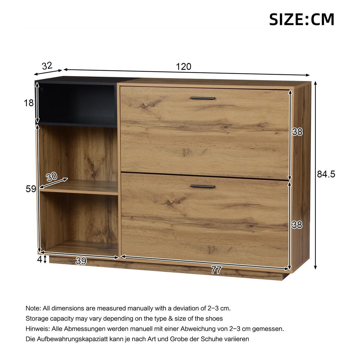 SCHUHSCHRANK Naturholzfarbe und Schwarz 120/32/84,5 cm - Naturfarben, Holzwerkstoff (120/84.5/32cm) - PANGIVO