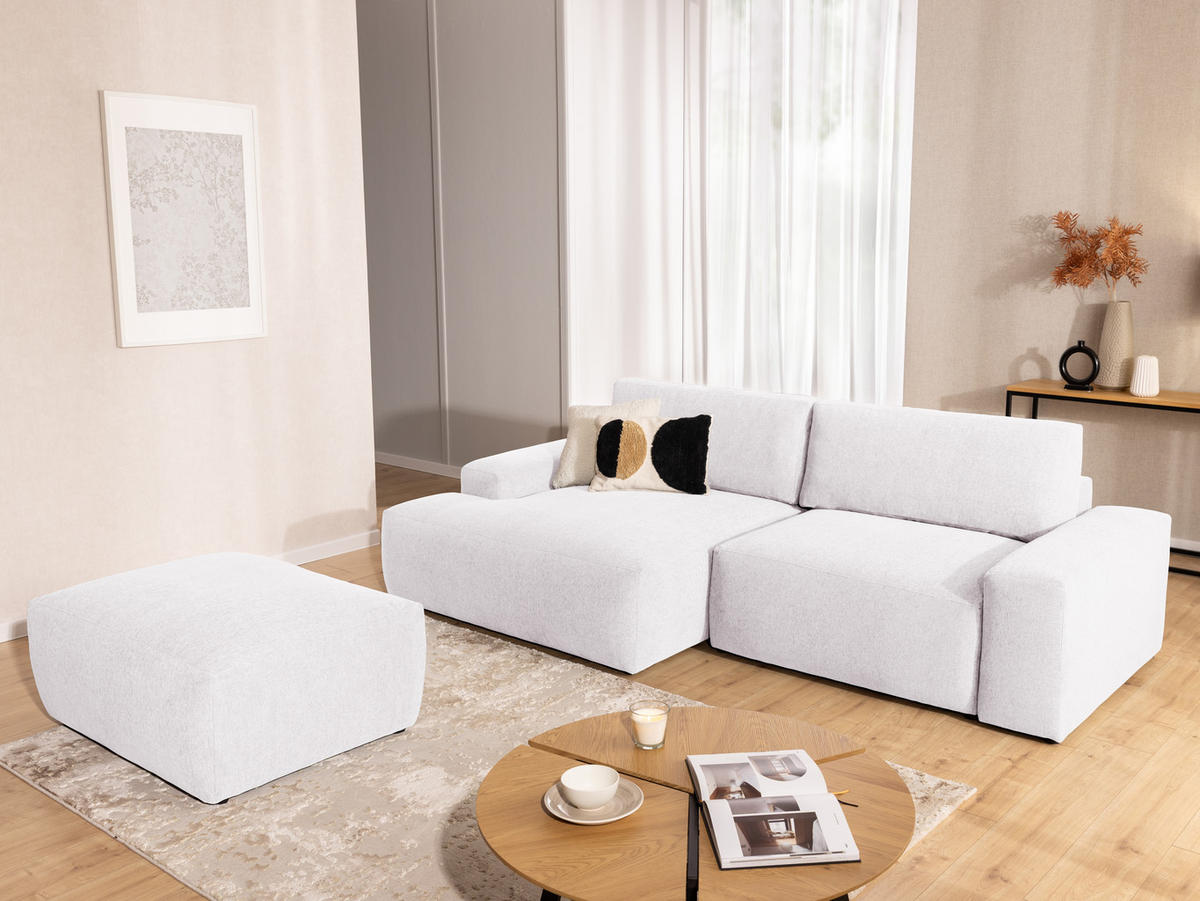 ECKSOFA inkl. Hocker Lennon aus Creme Strukturstoff mit Schlaffunktion und Bettkasten - Creme/Schwarz, Holz/Kunststoff (137/264cm) - S-Style