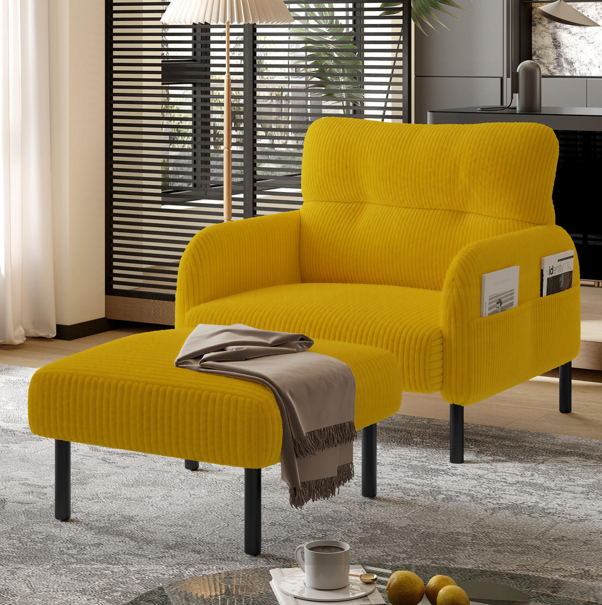 SESSEL 67/75/79 cm in Gelb aus Cord mit Seitentasche - Gelb, Textil (67/79/75cm) - BEAOK