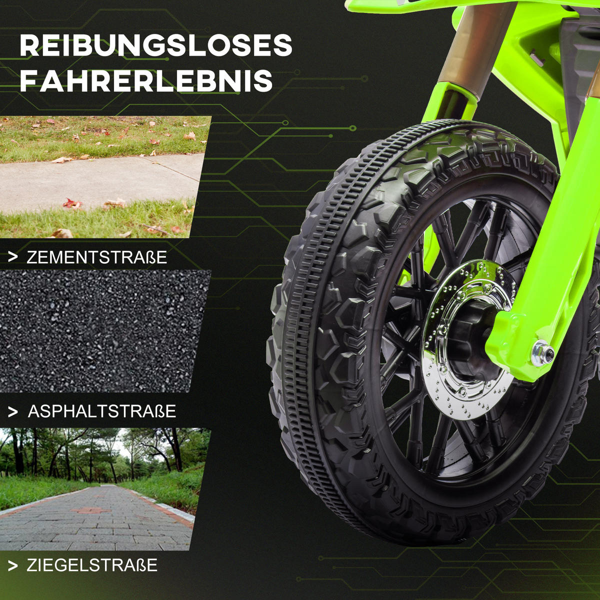 ELEKTRO-Motorrad für Kinder, 6V Batterie-Antrieb, Stützräder, Hupe, Startgeräusch, 3-8 Jahre, Grün - Grün, Kunststoff (105/57/62cm) - AIYAPLAY