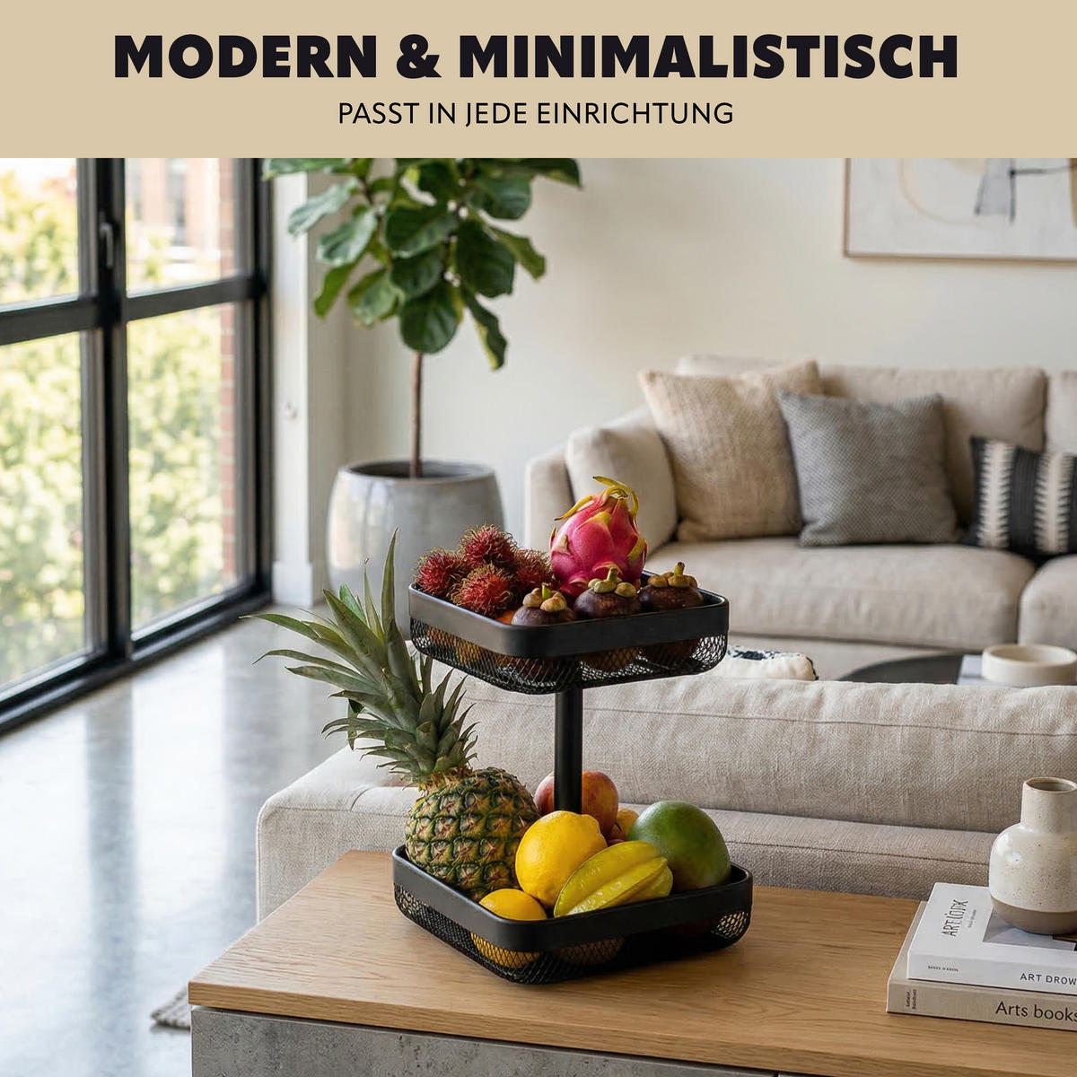 OBSTETAGERE, eckig, 2-stöckig, Ø 20 cm und 25 cm, schwarz, Metall - Schwarz, Metall (30cm) - eluno