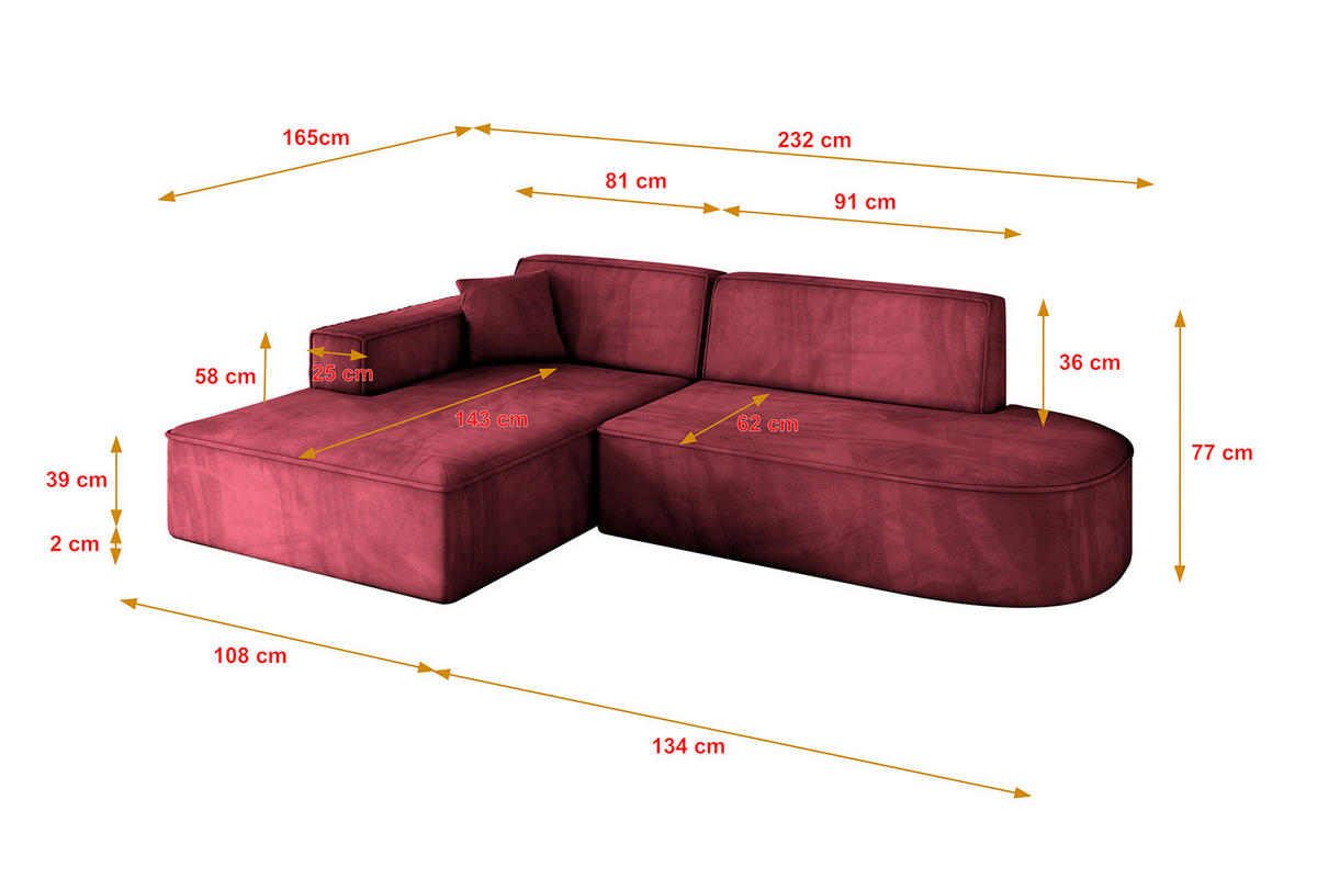 ECKSOFA Ottomane Links IREA-L1-v4 - 232x165x77 cm Bordeauxrot - Bordeaux, Holzwerkstoff/Textil (232/165cm) - ALTDECOR