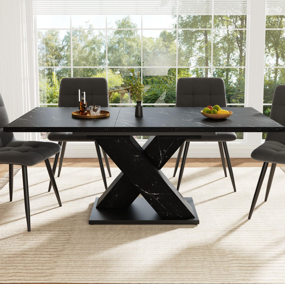 BLAGOVAONSKI stol 119,5(158,5)/80/75 cm crni od MDF-a na izvlačenje s X postoljem - crna, drvni materijal (119/80/75cm) - OKWISH