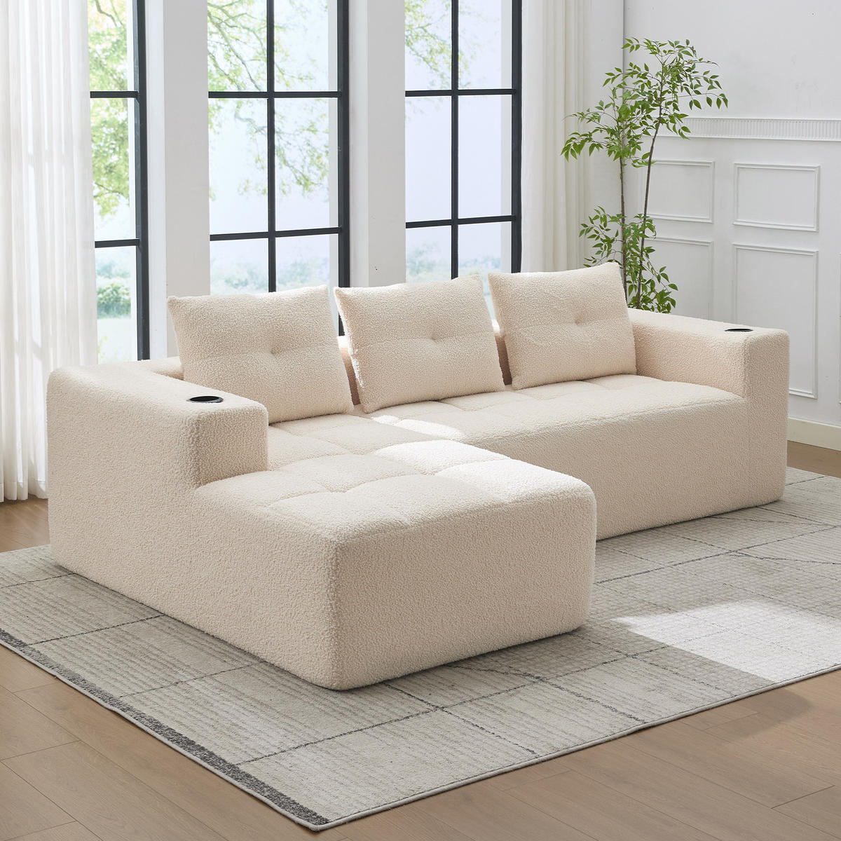 ECKSOFA 5-Sitzer Polyester Beige mit Becherhaltern - Beige, Textil (258/163cm) - WISHDOR