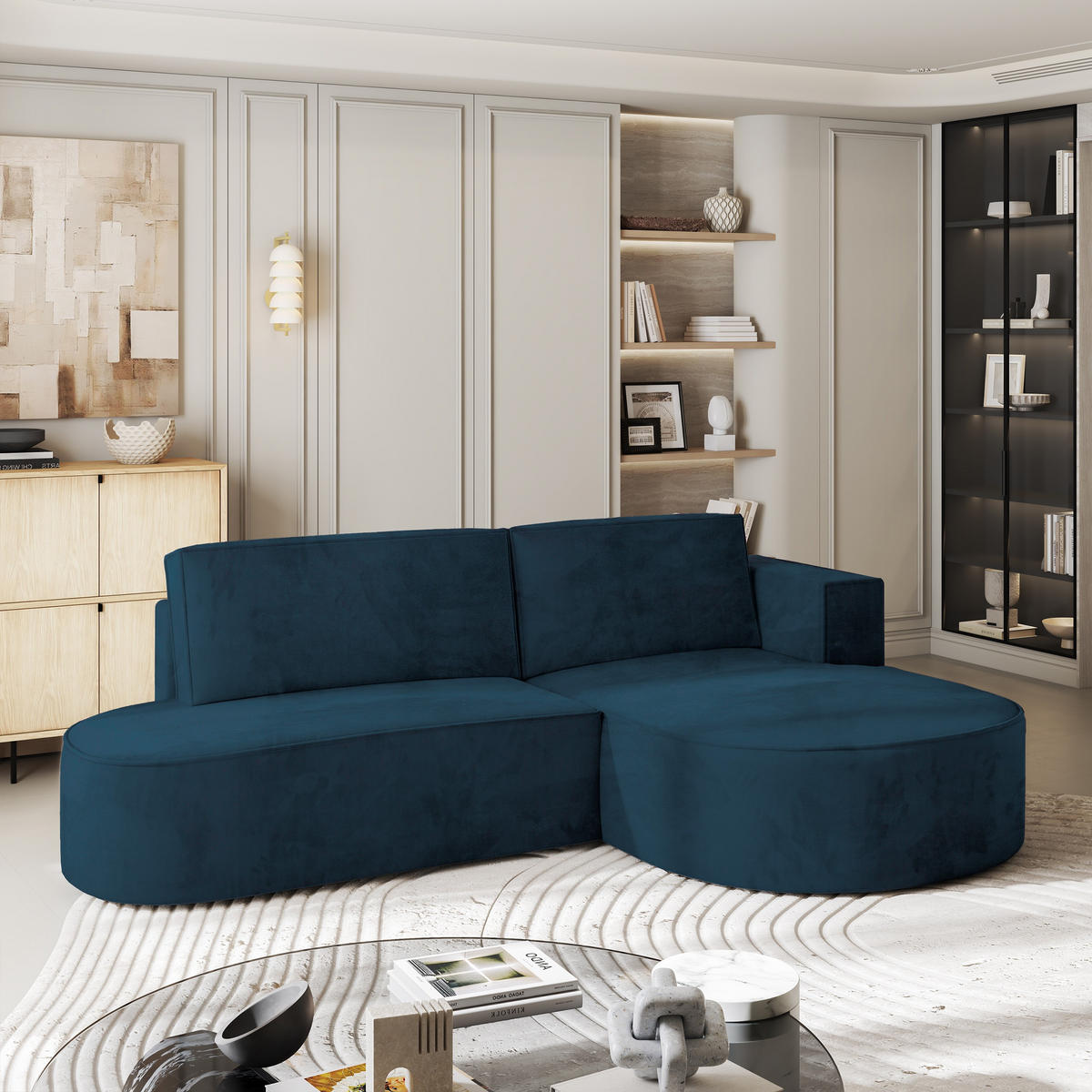 ECKSOFA CORTIO M R-S Blau Velours-Stoff mit Schlaffunktion - Blau, Holz (265/174cm) - MASSENO