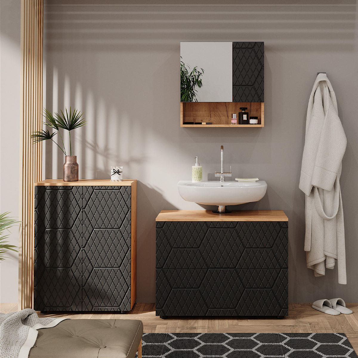 BADMÖBEL-SET Irma Anthrazit gestreift 3 Teile, mit Unterschrank 80 cm - Honigeiche/Anthrazit, Holzwerkstoff (80/58/41cm) - Vicco