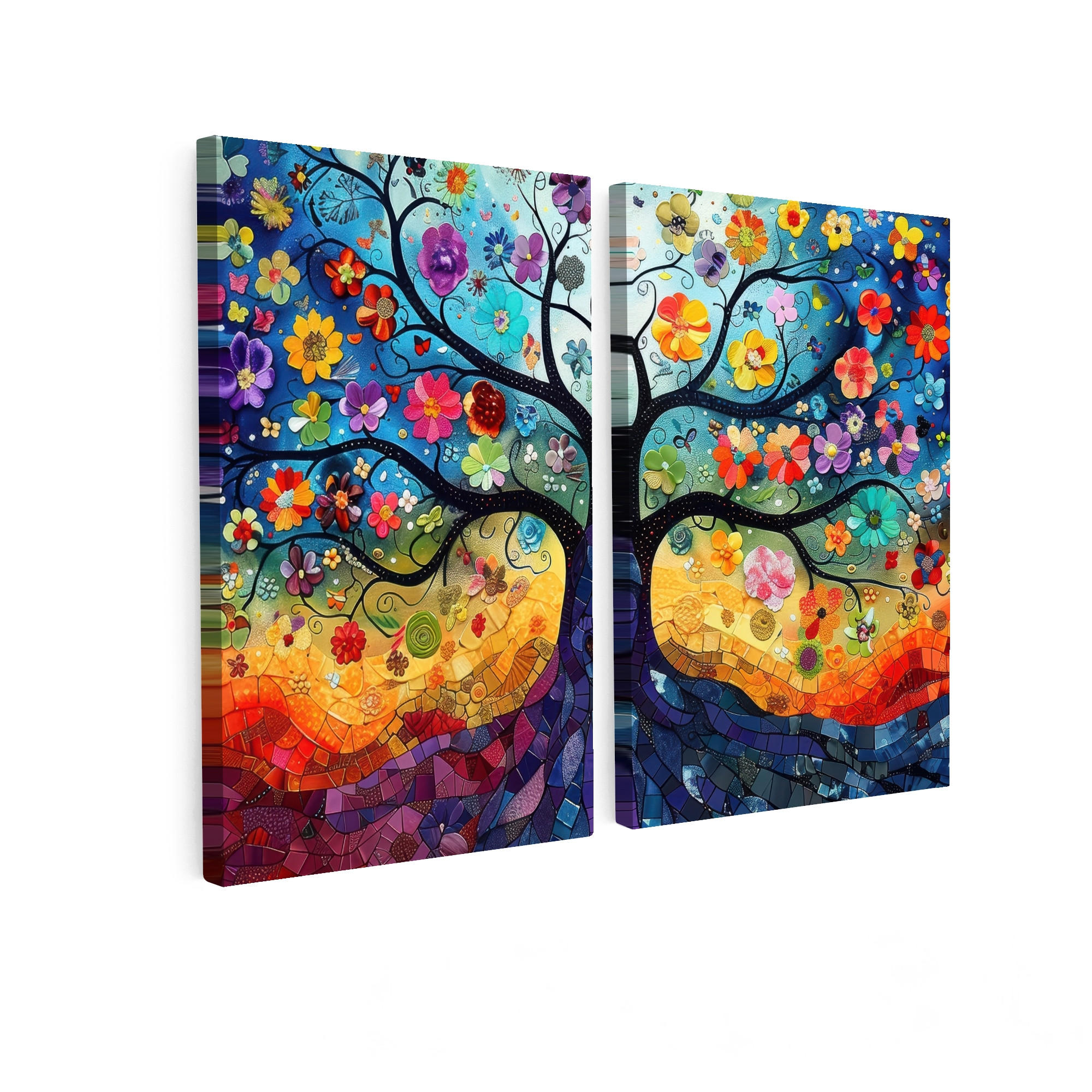 MuchoWow OBRAZ NA PLÁTNĚ 2dílná sada Barevné - Strom života - Květiny - Abstraktní 80x60 cm