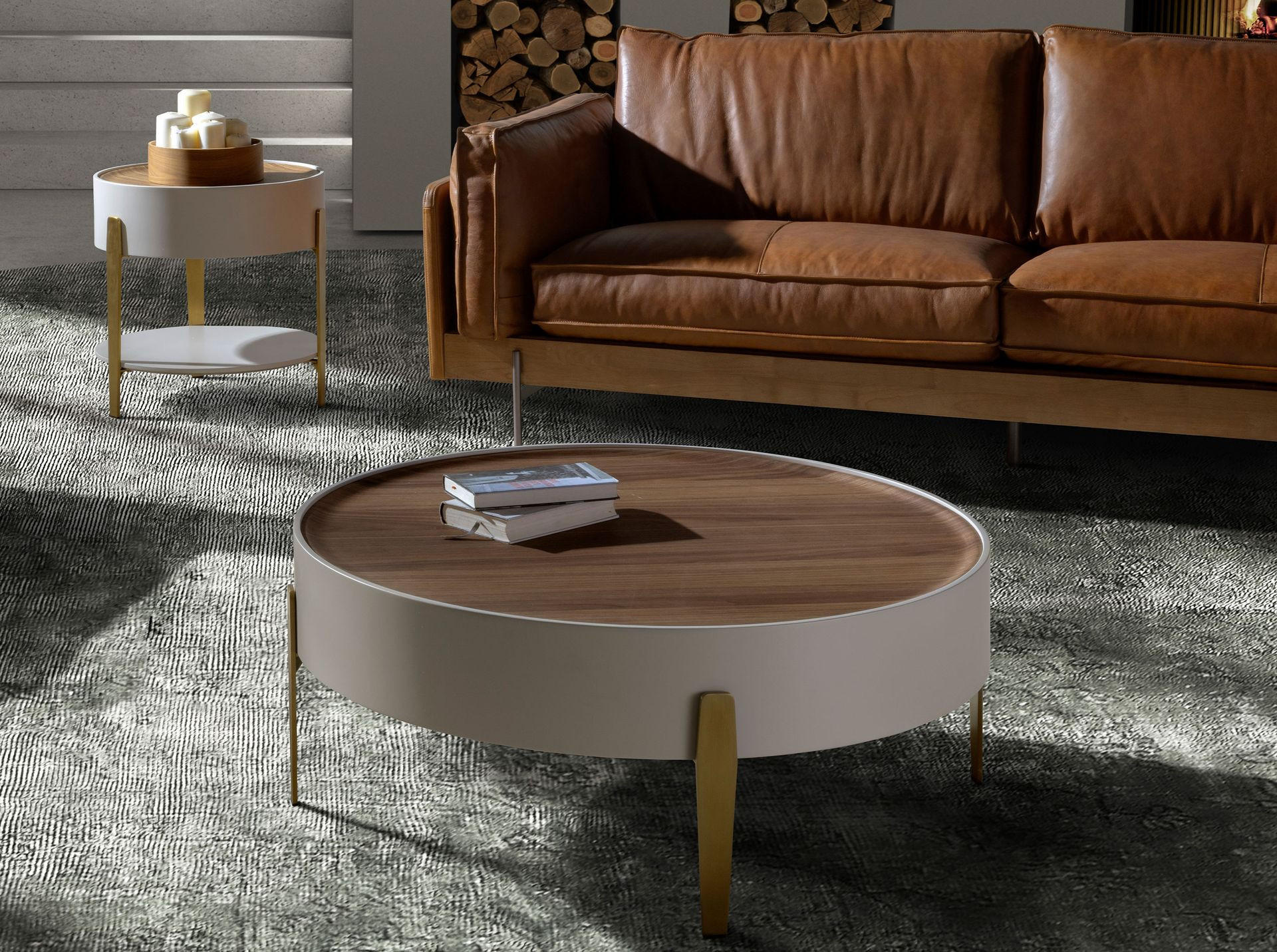 COUCHTISCH rund Beige Gold Walnuss 92/92/35 cm - Beige, Holzwerkstoff/Metall (92/92/35cm) - ANGEL CERDA