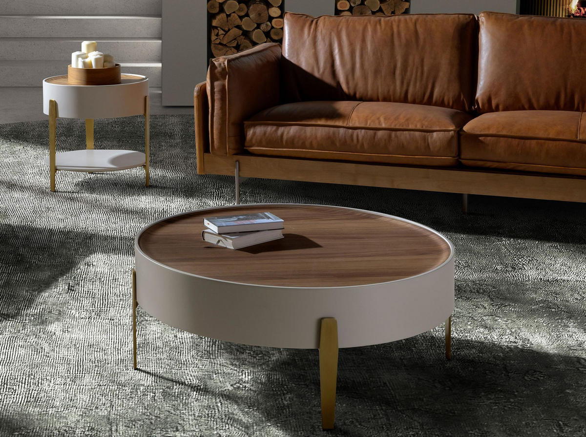 COUCHTISCH rund Beige Gold Walnuss 92/92/35 cm - Beige, Holzwerkstoff/Metall (92/92/35cm) - ANGEL CERDA