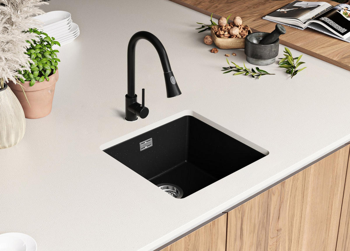 UNTERBAUSPÜLE GRANIT London, 2-er set Schwarz Metallic 46/47 cm 1 Becken + Ablauf-Set ab 50er Unterschrank - Chromfarben/Schwarz Hochglanz, Kunststoff (46/20/47cm) - Primagran