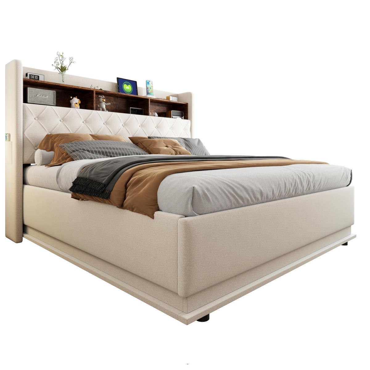 POLSTERBETT 180/200 cm Beige mit USB-Ladeanschluss und hydraulischem Stauraum - Beige, Textil (180/200cm) - OKWISH