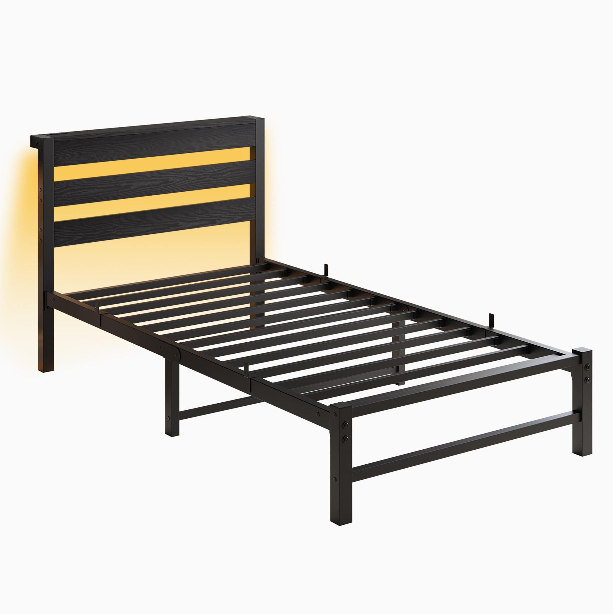 METALLBETT 90/200 cm Schwarz mit LED-Beleuchtung, USB-Ladestation und Stauraum unter dem Bett - Schwarz, Metall (90/200cm) - Oxeza