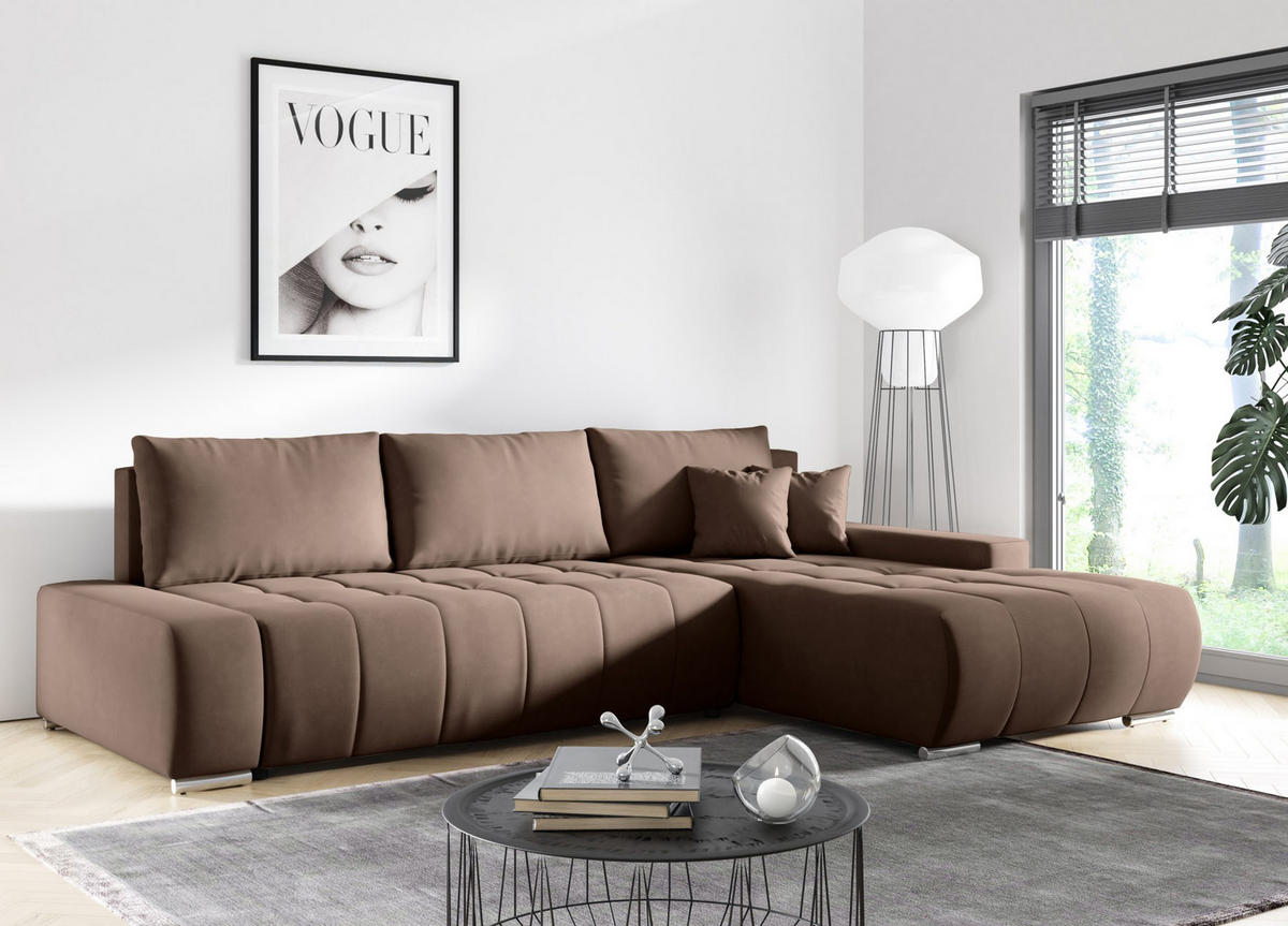 ECKSOFA mit Schlaffunktion Dhaka L, Braun - Dunkelbraun, Textil (185/265cm) - Fedve