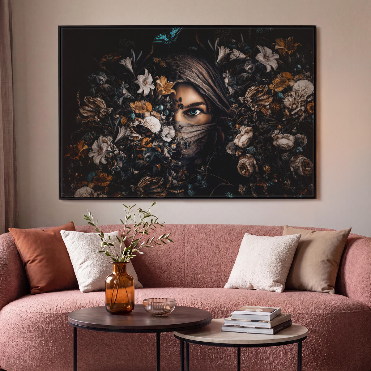 LEINWAND Bilder mit Rahmen - Frau - Luxus - Blumen - Schmetterling - Porträt - 150x100 - Schwarz, Textil (150/100cm) - MuchoWow