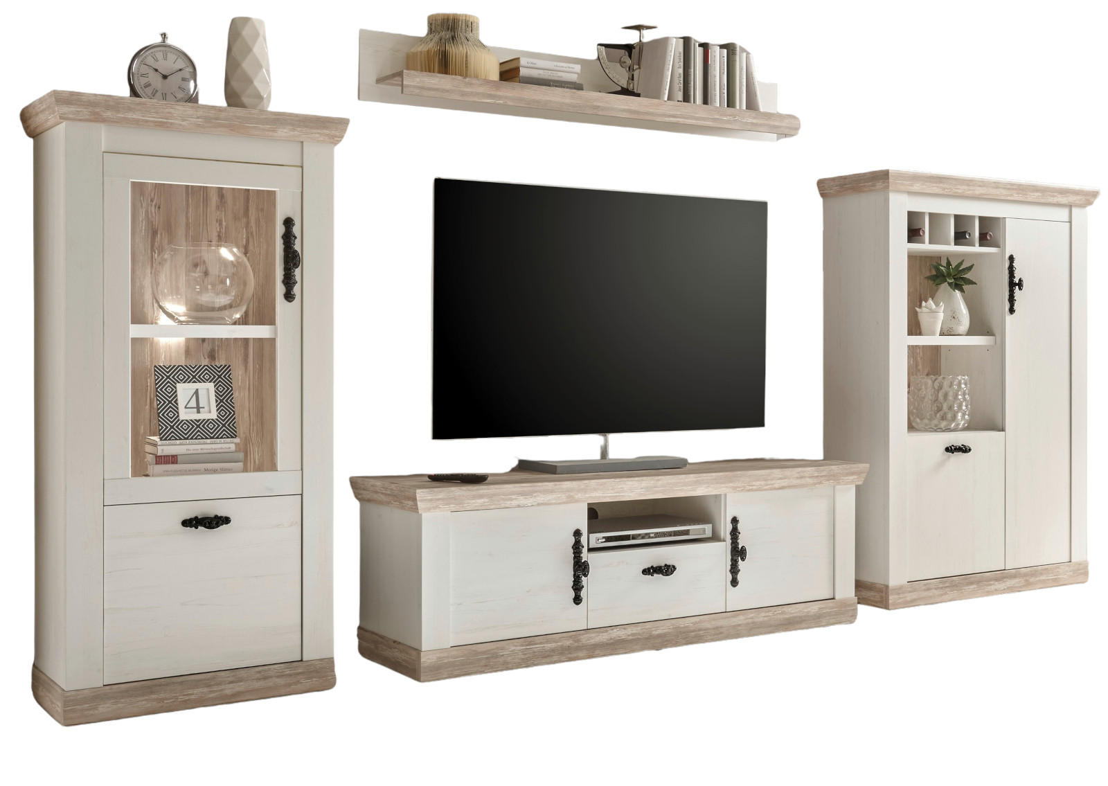 WOHNWAND Pinie weiß, Oslo Pinie Landhaus, Schrankwand 4-teilig, 352 x 170 cm - Anthrazit/Weiß, Holzwerkstoff/Metall (352/170/44cm) - Furn.Design