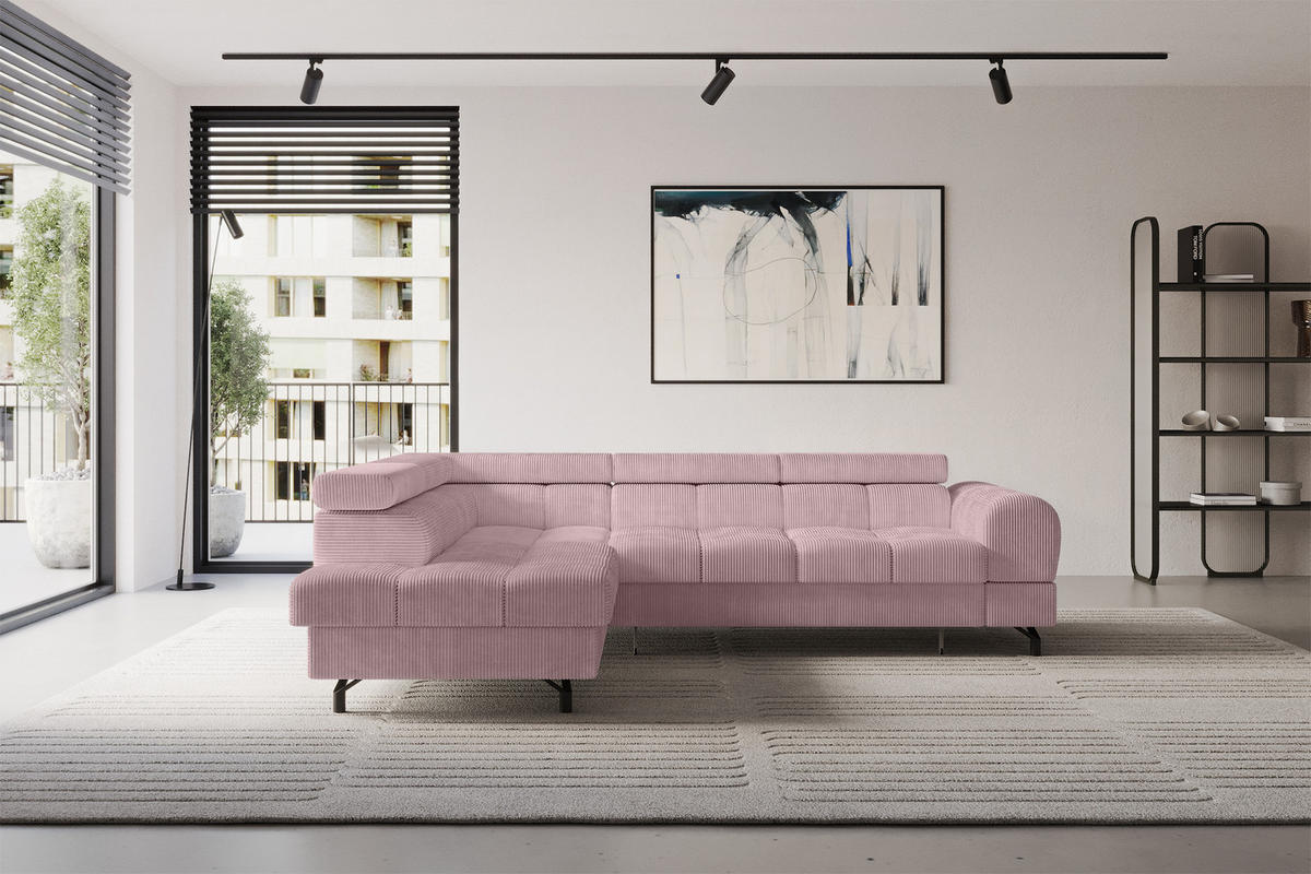 ECKSOFA mit Schlaffunktion Ottomane Links LUMA-L 272x203x70 Rosa Cord - Schwarz/Rosa, Holzwerkstoff/Kunststoff (272/203cm) - ALTDECOR