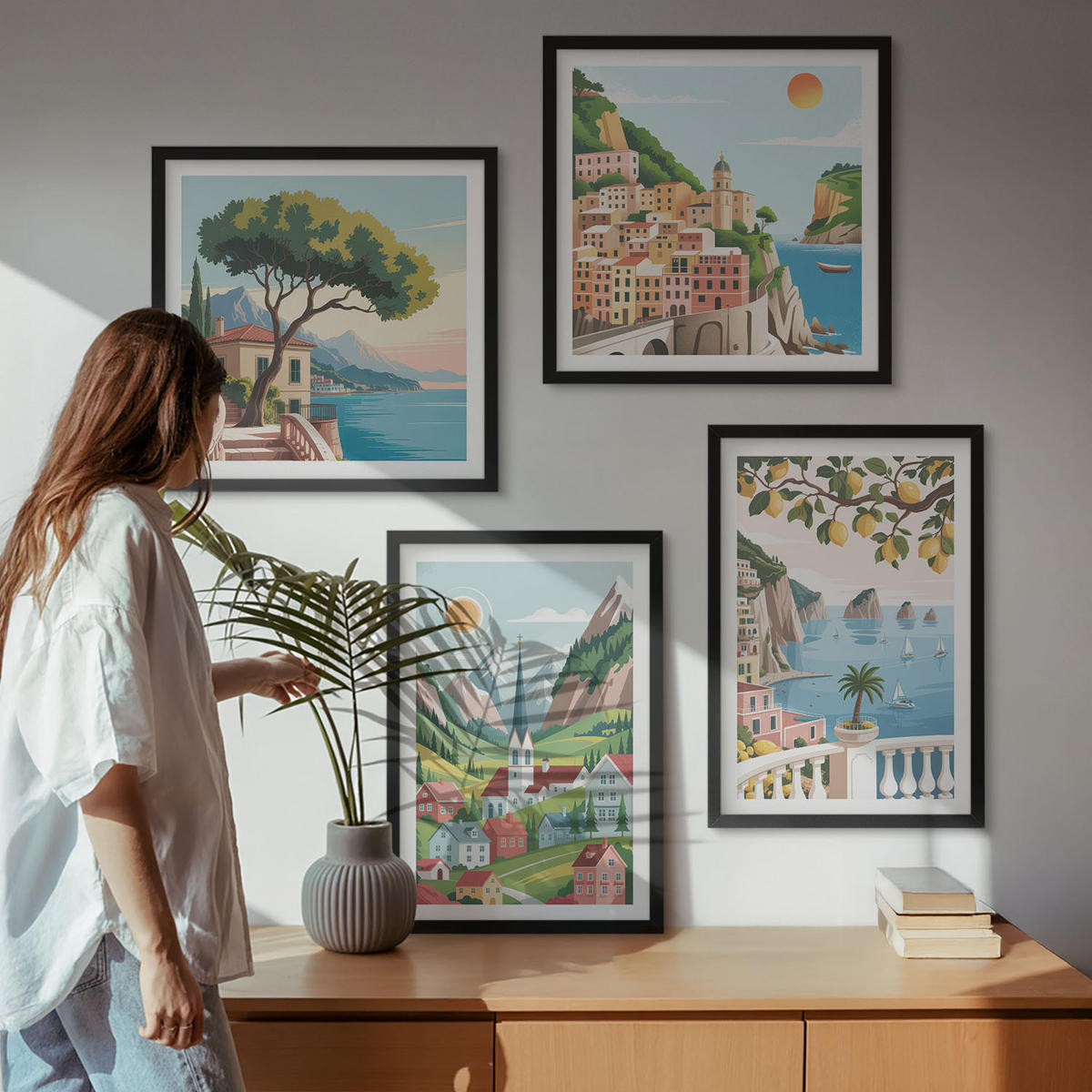 BILDER SET 4er Set - 50x50 cm & 40x60 cm Schwarzer Rahmen - Meereslandschaften, Zitrusfrüchte - Schwarz, Kunststoff (50/50cm) - TULUP
