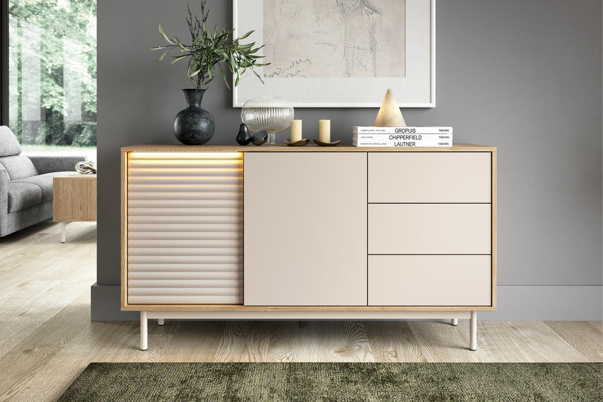 KOMMODE TOGY 03 140 cm breit in Kaschmir / Geölter Eiche mit LED Beleuchtung - Kaschmir/Eichefarben, Holzwerkstoff (140/77/40cm) - Deine Möbel 24