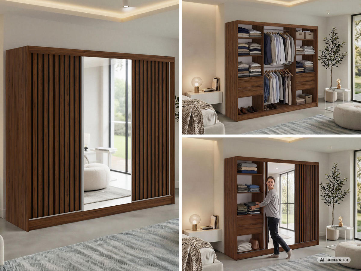 SCHWEBETÜRENSCHRANK mit Spiegel und Schubladen LAOS - 240 - Warmia Walnuss - Schwarz Lamellen - Walnussfarben/Alufarben, Holzwerkstoff/Metall (240/216/61cm) - MKS