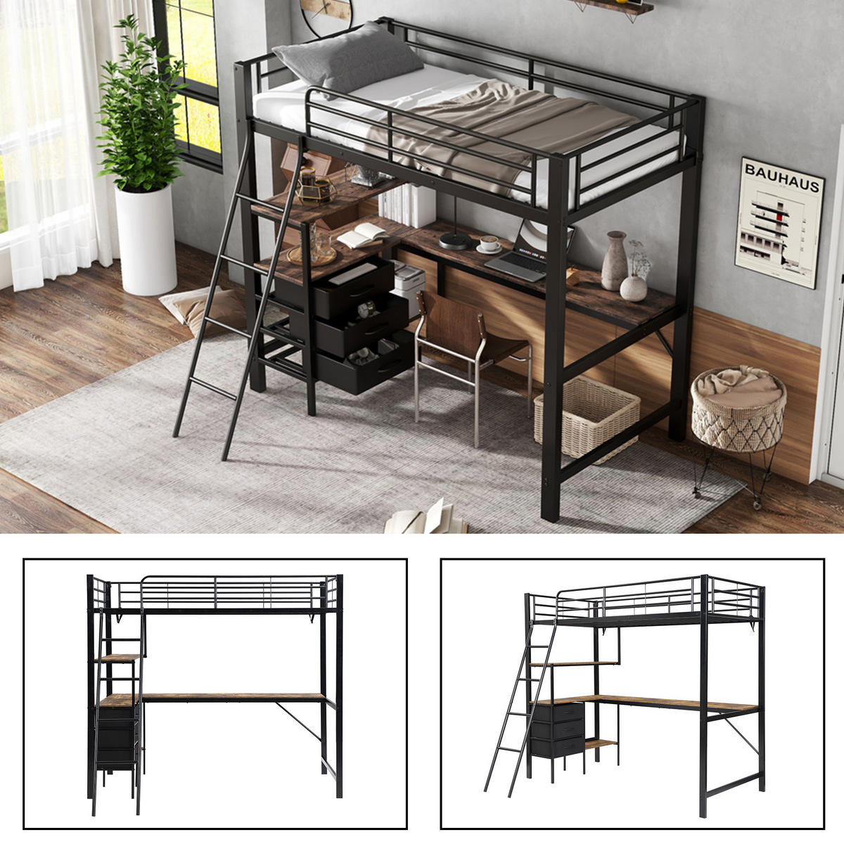 ETAGENBETT 90/200 cm in Schwarz/Dunkle Walnuss mit Schreibtisch und 3 Schubladen - Schwarz, Metall (90/200cm) - OKMYHOME