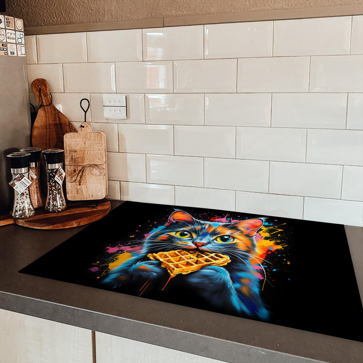 HERDABDECKPLATTE Katze - Graffiti - Bunt - Waffel - Essen Induktionsmatte 77x51 cm - Multicolor, Kunststoff (77/51/0.2cm) - MuchoWow