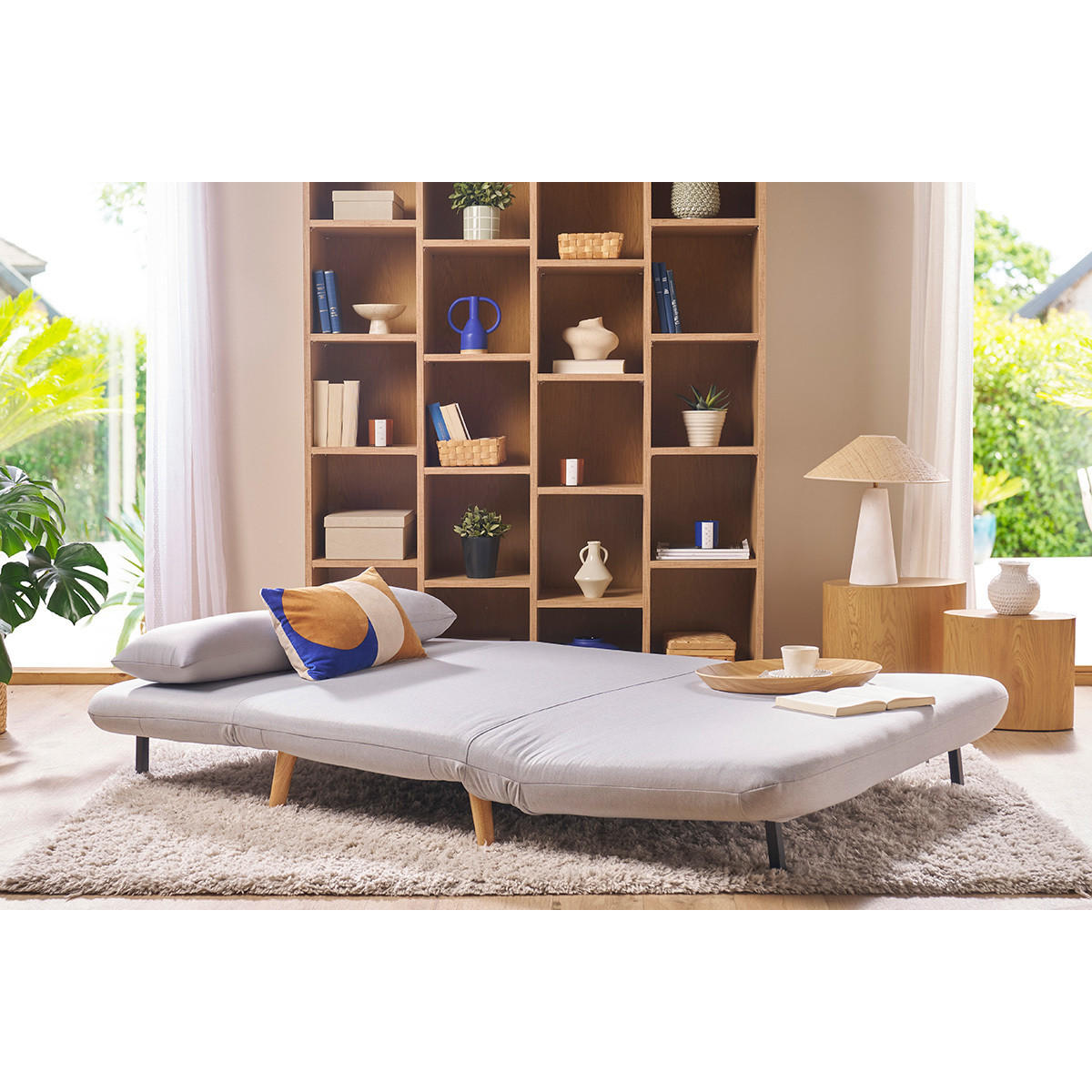 SOFA Umwandelbar 2-Sitzer Hellgrau Gewebe AMIKO - Hellgrau, Textil (87/79/132.5cm) - Miliboo