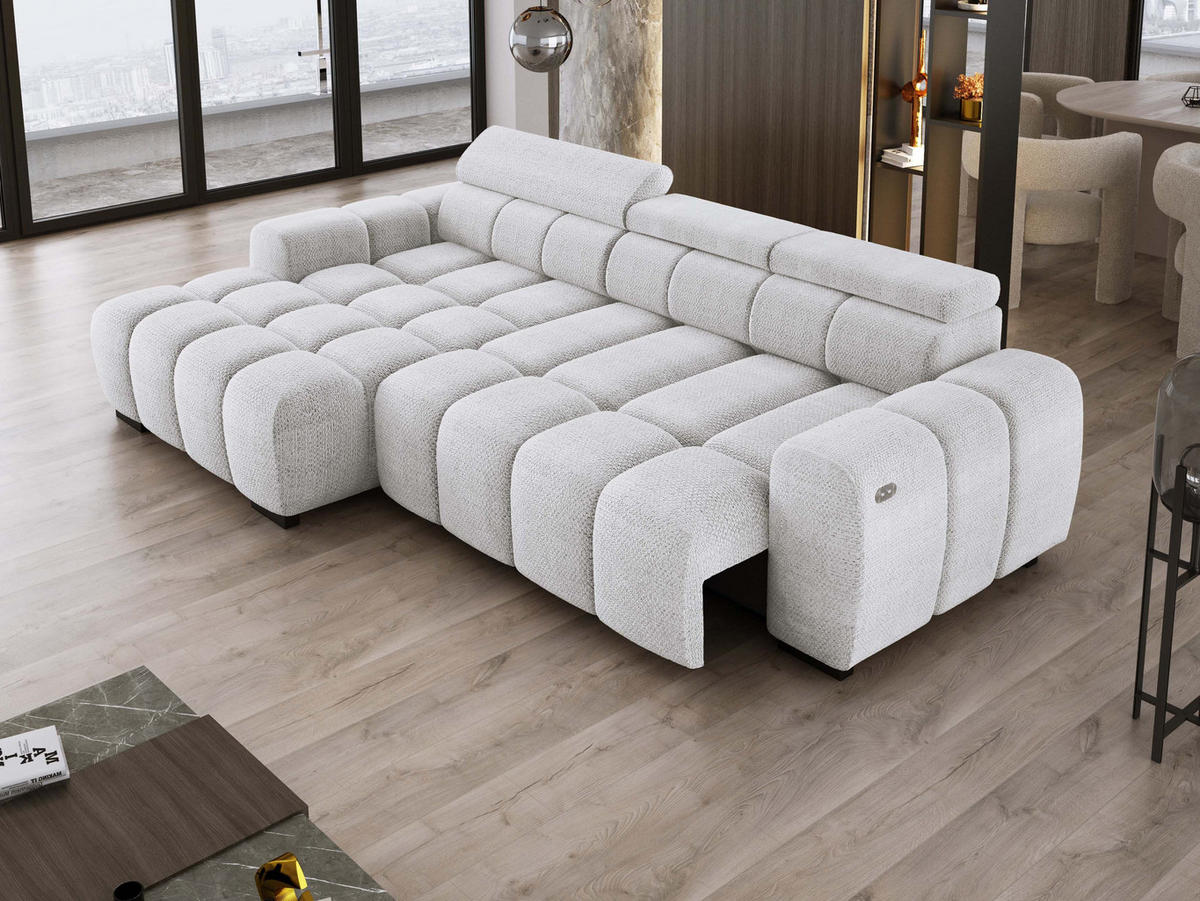 ECKSOFA OMBO 285x168x77/97 cm, Links, Schlaffunktion, elektr. Sitz, Kopfstützen, hydrophober EDEN-Stoff – Esche - Hellgrau, Holz/Textil (168/285cm) - DomoHome