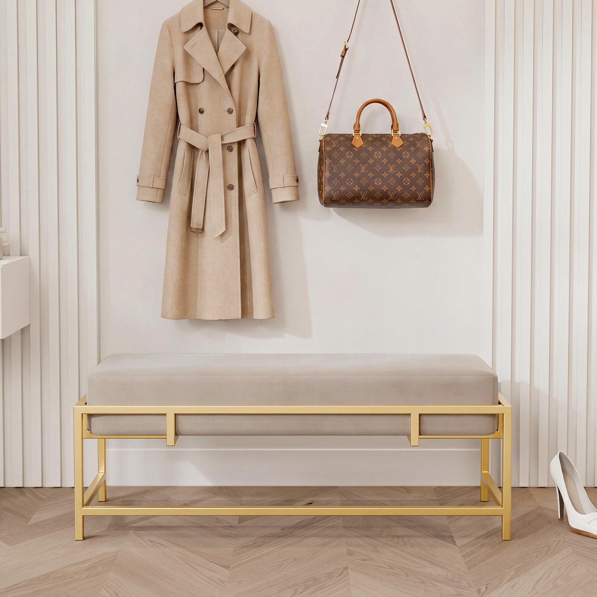 POLSTERBANK GLAM 80 cm Gold / Beige ,Metallgestell - Beige, Metall (80/45/35cm) - Idohome
