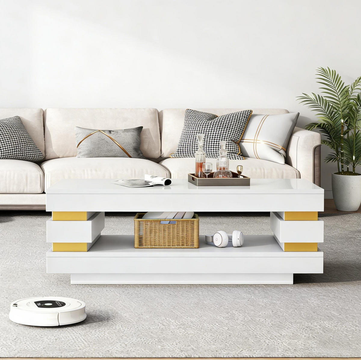 COUCHTISCH 100/50/35 cm mit LED-Beleuchtung, offenem Stauraum und Hochglanzoberfläche aus Spanplatte, Weiß - Weiß, Holzwerkstoff (100/50/35cm) - Redom