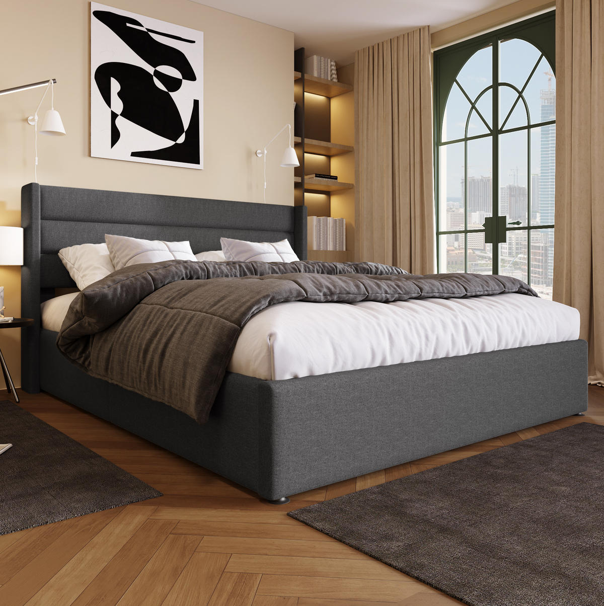 ČALÚNENÁ posteľ 180/200 cm s hydraulickým úložným priestorom a čalúneným čelom, ľan, Sivá - sivá, textil (180/200cm) - Redom