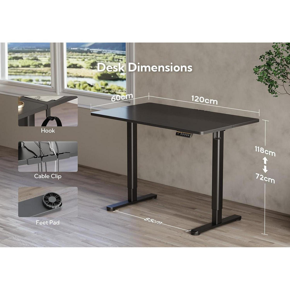 SCHREIBTISCH höhenverstellbar elektrisch Schwarz 120x60 cm - Schwarz, Metall (60/120/118cm)