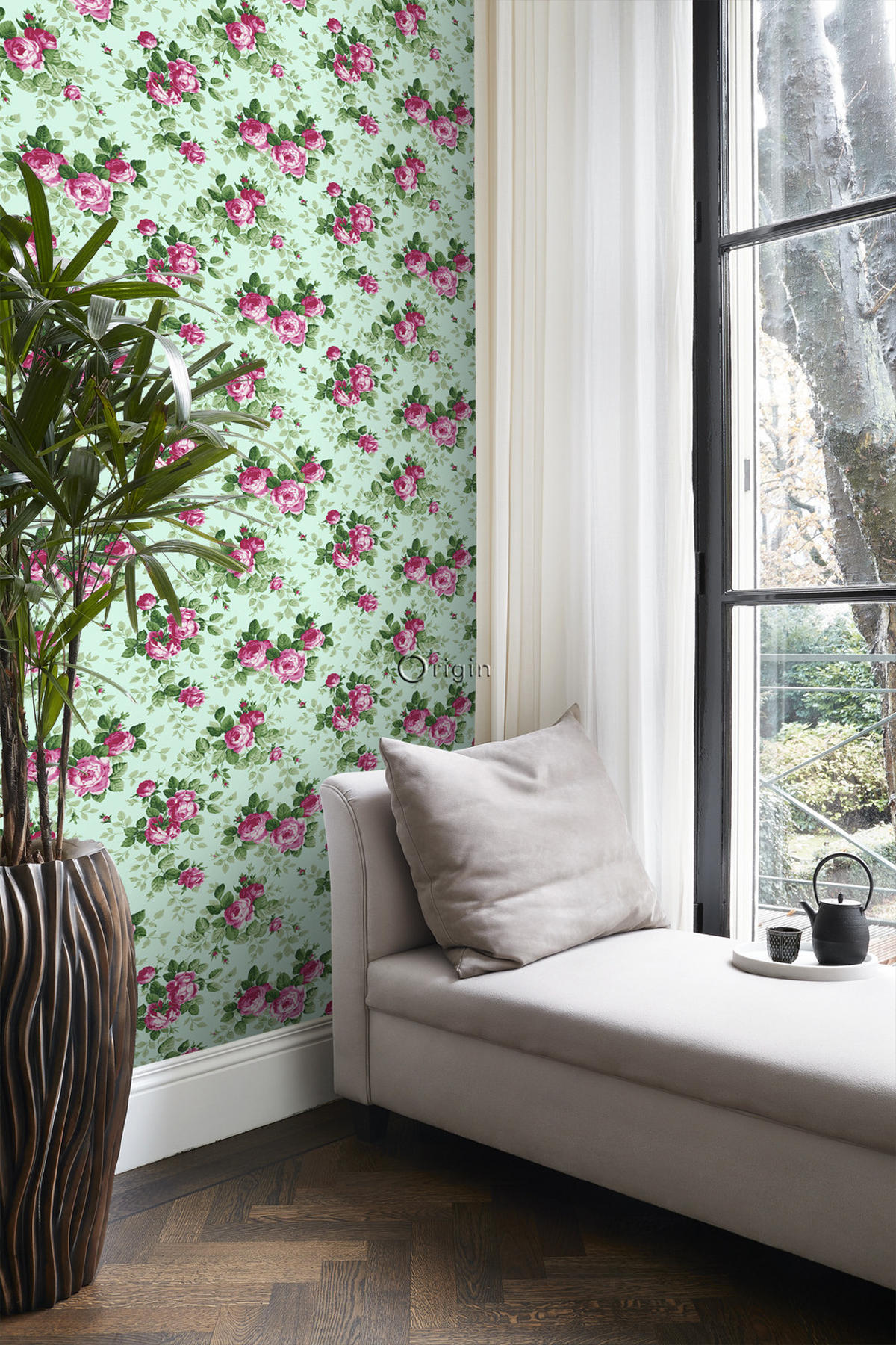 TAPETE Rosen 53 cm x 10.05 m - Grün, Papier (53/1000cm) - Origin Wallcoverings
