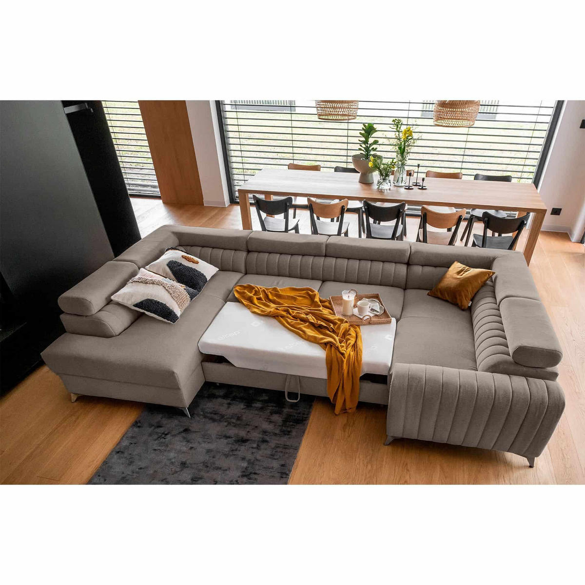 WOHNLANDSCHAFT mit Schlaffunktion und Bettkasten - Taupe/Silberfarben, Textil/Metall (202/92/347cm) - Eltap