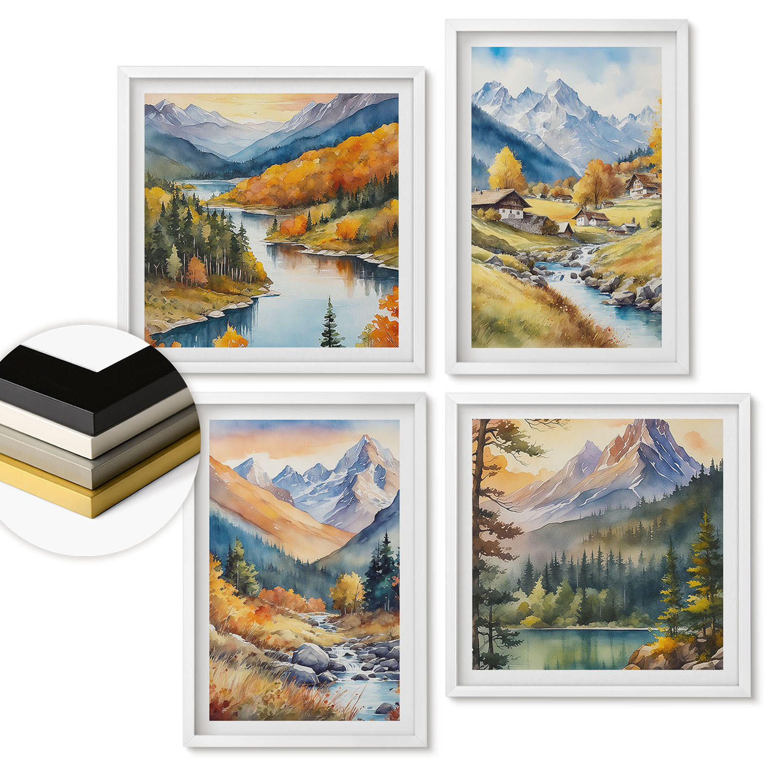 WANDBILDER 4er-Set - 50x50 cm & 40x60 cm Weißer Rahmen - Berglandschaft, Flusshütten - Weiß, Kunststoff (50/50cm) - ArtPrintCave
