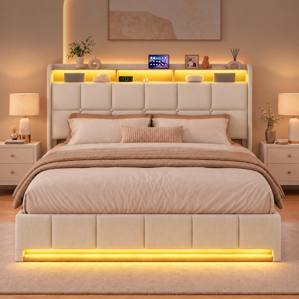 POLSTERBETT 160/200 cm,Doppelbett Beige mit Bettkasten, LED-Beleuchtung,Leinen - Beige/Naturfarben, Holz/Textil (160/200cm) - FURNISHINGS HOME