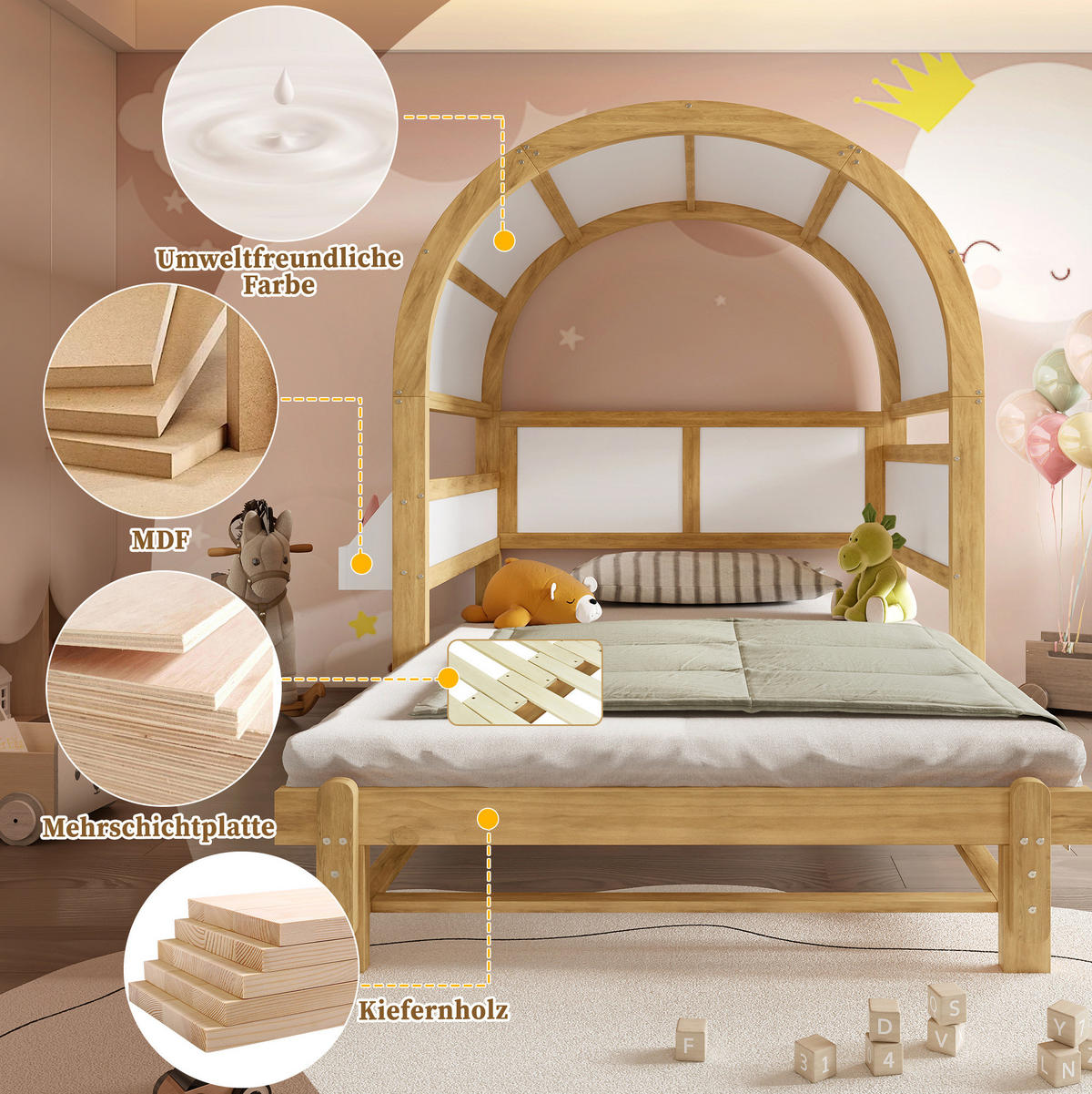 KINDERBETT 140/200 cm mit Ausziehbett, gewölbtem Dach und Ablagefläche, Weiß/Natur - Weiß, Holzwerkstoff (140/200cm) - Redom