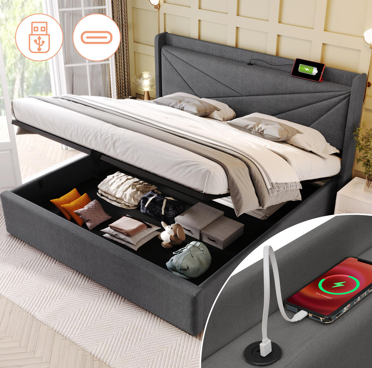 POLSTERBETT 180/200 cm Grau aus Baumwollleinen mit Bettkasten und USB Typ-C - Grau, Textil (180/200cm) - OKMYHOME