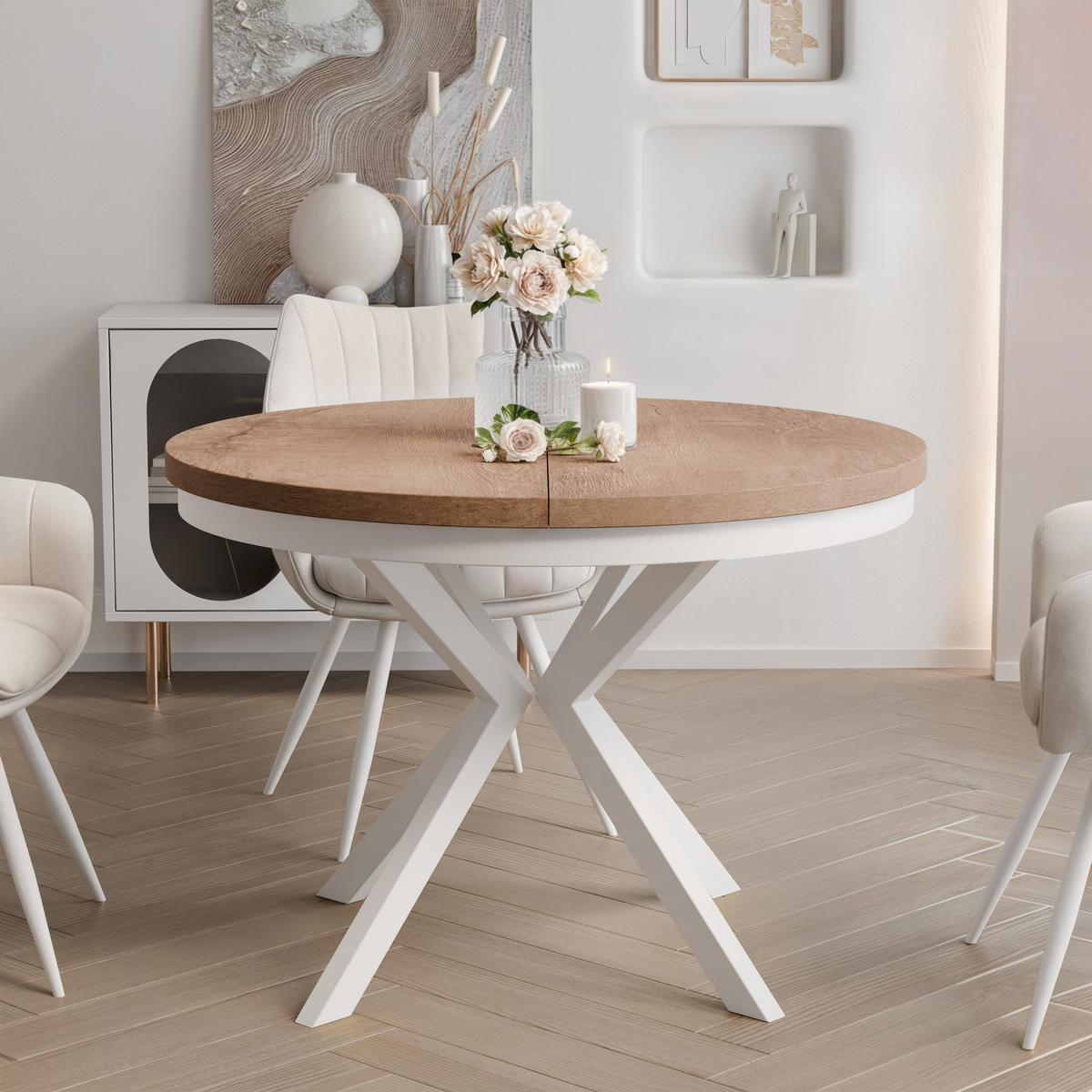 AUSZIEHTISCH MILTON 120-196/76 cm mit Metallgestell, Weiß / Lefkas-Eiche - Eichefarben/Weiß, Holzwerkstoff/Metall (120/120/76cm) - Idohome